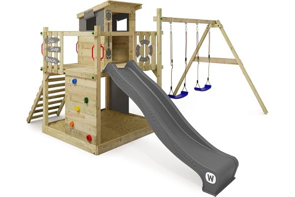 Wickey Aire de Jeux Smart Camp portique en Bois avec balançoire et Toboggan Anthracite, Tour d'escalade pour Enfants avec bac à Sable, échelle et Accessoires de Jeu pour Le Jardin.