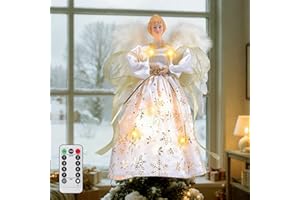 Lomffy Angel Árbol de Navidad Topper, 12.6 Pulgadas Ángel de Árbol de Navidad con 8 Modos de Luz Decoración de Árbol de Ángel con Alas de Plumas Blanca, Control Remoto y Alimentación por USB (A)