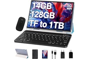 Oangcc 2025 Tablette Tactile 10 Pouces,14Go RAM+128Go ROM 1To TF,Octa-Cores, Andorid Tablette, WiFi 5G | BT 5.0 | 2.0 GHz | Certifié GMS | 8000mAh | 1280 * 800 | 8+5MP | Tablette avec Clavier -Bleu