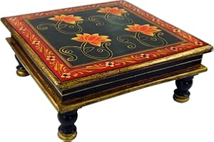 ‎GURU SHOP GURU SHOP Bemalter Kleiner Tisch, Minitisch, Blumenbank - Seerose Grün/rot, 16x38x38 cm