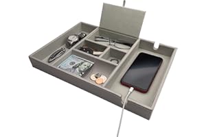 duke trays Nightstand Organizer, Valet Tray for Men and Women, EDC Tray Organizer, Dresser Top Organizer, Catchall Tray, Gray Faux Leather, 6 Compartments