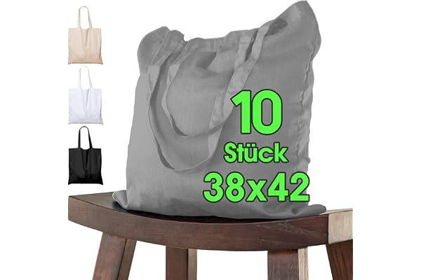 Bomullspåse 38x42 cm 10 delar, otryckt, långt handtag, tygpåse, bärväska, påse, bomullspåse, jutepåse OEKO-TEX®-certifierad tygpåse, shoppingväska, shoppingväska för målning
