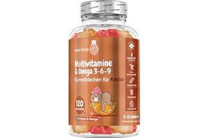 ‎MAXMEDIX Multivitamin Gummibärchen für Kinder - Mit Omega 3 6 9, Vitamin C- 120 Multivitamin Kinder Gummies - Vitamin D3, B7, B12, E, Jod, Zink - Mit Himbeer & Orangengeschmack - maxmedix