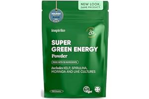 Inspiriko Super Greens Powder with 18 Natural Ingredients - Spirulina, Kale, Moringa - Green Powder Superfood with Probiotics, 150g, UK Made, Vegan - for Energy Boost, Digestion & Immune Support