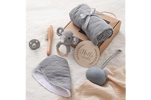 Youuys 6-pièces Cadeau de Naissance pour Bébé Nouveau-né, Cadeau pour Garçon Fille, Serviettes de Bain, Hochet, Jouets en Bois, Cartes d'étapes, Chaussettes, Brosse, Baby Shower (Eléphant-2)