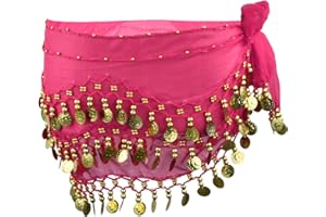 WISEBOM Damen Bauchtanz Gürtel, Professionelles Bauchtanz Kostüm Chiffon Hüfttuch mit 128 Goldene Münzen, Tanztuch Bauchtanz Rock