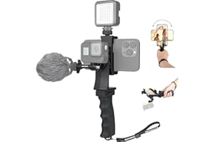 FANTASEAL 2en1 Ergonomique Hand Grip Stabilisateur Smartephone Caméra Sport Kit de Support Poignée Portable pour Youtube Tiktok Voyage Video Vlog Compatible avec Gopro iPhone - Micro/Video LED Light Adaptable
