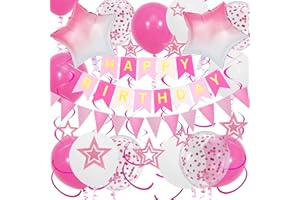 DOUVELUE Pink Birthday Decorations, Happy Birthday Banner and Pink Star Balloons, Glitter Hanging Stars with Hanging Swirls, Bunting Banner, for Women Girls Party Decoration