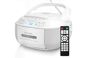 Greadio Tragbarer CD Player, Boombox Kassettenspieler mit Bluetooth, FM Radio mit Fernbedienung, AUX-/USB-Wiedergabe, Kassettenrekorder, AC-Kabel/Batteriebetrieb, LCD-Bildschirm für Kinder (White)