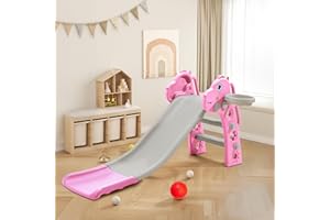 FUKEA Kids Slide, Toddler Slide with Climbing Frame, Basketball Hoop, Basketball, Indoor Outdoor Garden Slides for Toddlers Age 1-6, Pink Kangaroo