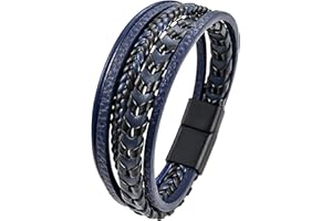 Mochity Bracelet Cuir Homme 21 cm, Tressé Noir Marron Bleu, Simple Bijoux Cadeau Pour Papa, Avec Boîte