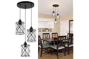 FORCOSO 3-Light Industrial Pendant Light, Black Metal Cage Pendant Ceiling Light Inner with Glass Shade, Vintage Pendant Light Fixtures for Living Room/Kitchen/Dining Room/Hallway/Bedroom - E27 Base