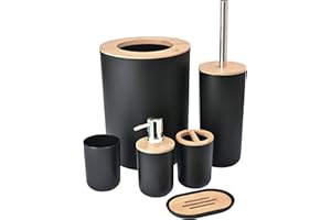 Yorkmills Bamboo Bathroom Accessories, 6 Pieces Black Bathroom Accessory set, Bathroom Bin Toilet Brush Set, Durable Toothbrush Holder Cup, Soap Dispenser With Pump, Soap Dish Holder, Modern Trash Can
