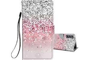 HopMore Funda para Samsung Galaxy S22 5G Cuero con Tapa Silicona Dibujo Bonita Carcasa Billetera Resistente Estilo Libro Case para Mujeres Niñas Ranuras Tarjetas Cover 360 Grados - Rosa Plata Rosa