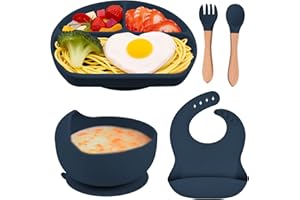 FILOWA Assiette Ventouse pour Bébé Silicone Vaisselle avec Assiette Compartiment Ventouse Bol Bois Cuillère Fourchette Bavoir 5 Pcs Couverts Sans BPA Coffrets Repas,Passe au Lave et Micro-ondes,Bleu