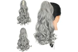Gairyan Extensión de Cola Coleta Postiza Pelo Natural Sintético Postiza Extensiones Moño Postizo Extensiones Más Suave Aspecto Real Rizado 18" - Gris oscuro