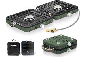 Fiutazge 2-in-1-Gascampingherd, Campingkocher mit Grillplatte & Tragetasche, Gaskocher 2 Flammig mit Piezo-Zündung, Collapsible & Tragbare für Camping, Wandern & Notfall-Kochkocher