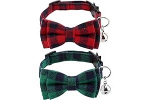 Luter 2 Collares Navideños para Gatos a Cuadros con Pajarita y Campanas, Collares Ajustables para Gatos, Gatitos, Suministros para Cachorros (Rojo, Verde)