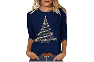 Ewleguzka Womens Christmas Tops 3/4 Sleeve, Ladies Xmas Tops Christmas Tree Red Wine Glass Graphic Printed Round Neck Loose Tunic Tshirts Holiday Clothes