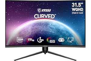 MSI G32CQ5P Écran gaming incurvé de 31,5 pouces WQHD - Dalle VA 1500R 2560 x 1440, 170 Hz / 1 ms, Adaptive Sync, réglable sur 3 axes - DP 1.2a, HDMI 2.0b CEC