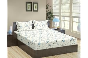 Trance Home Linen 180TC 100% Cotton 78"x60" Standard Queen Size Elastic Fitted Bedsheet Printed Queen Bed Size Elasticated Fitted Bedspread with 2 Pillow Covers (Queen 78x60 inch, Aster Blue)