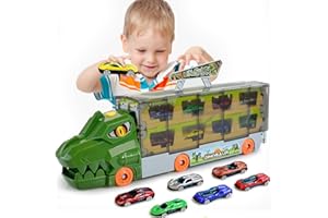 BAKAM Car Carrier Truck Toy for Kids 3-5 Years Old, Mega Transport Truck with Ejection Race Track, Catapulting Car Toys Birthday Gifts for Boys Girls, Includes 6 Alloy Toy Cars (Green)