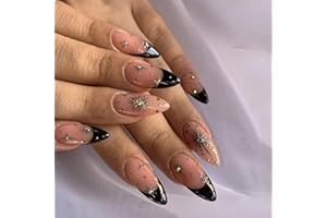 GlamRays Pack of 24 Black Press On Nails French Tips False Nails Medium Almond Acrylic Nails Nail Press Shiny False Nails with Diamond Stars Light Designs Natural Glue Nail