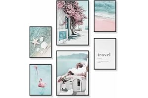 Heimlich Set di Stampe da Parete - SENZA Cornici - Decorazioni da Muro per Soggiorno, Camera da Letto e Cucina - Poster Abbinati - | 2 x A3 & 4 x A4-30x42 & 21x30 | » Spiaggia di fenicottero rosa «