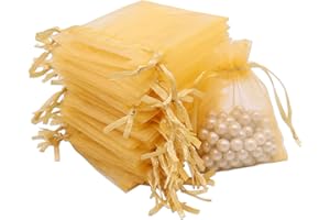 Leeyunbee 100 szt. Złote woreczki z organzy 7 x 9 cm woreczki z organzy, woreczki, na prezent, biżuteria, ślubne torebki na cukierki, na imprezę festiwalową i wesele, satynowy sznurek