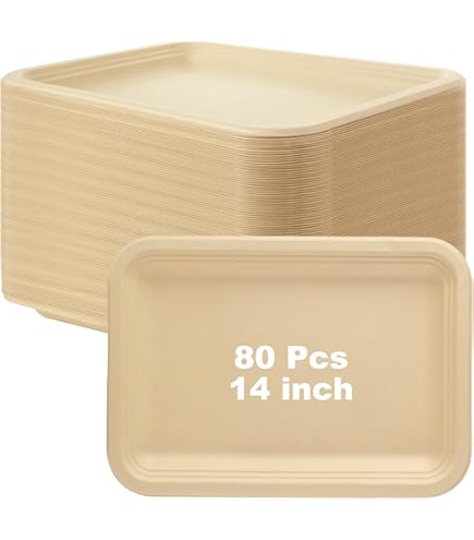 thumbnail image 2 of 50 Pack 14 Inch Biodegradable Paper Plates - Rectangle Sugarcane Bagasse Food Trays For BBQ Party 2 of 14