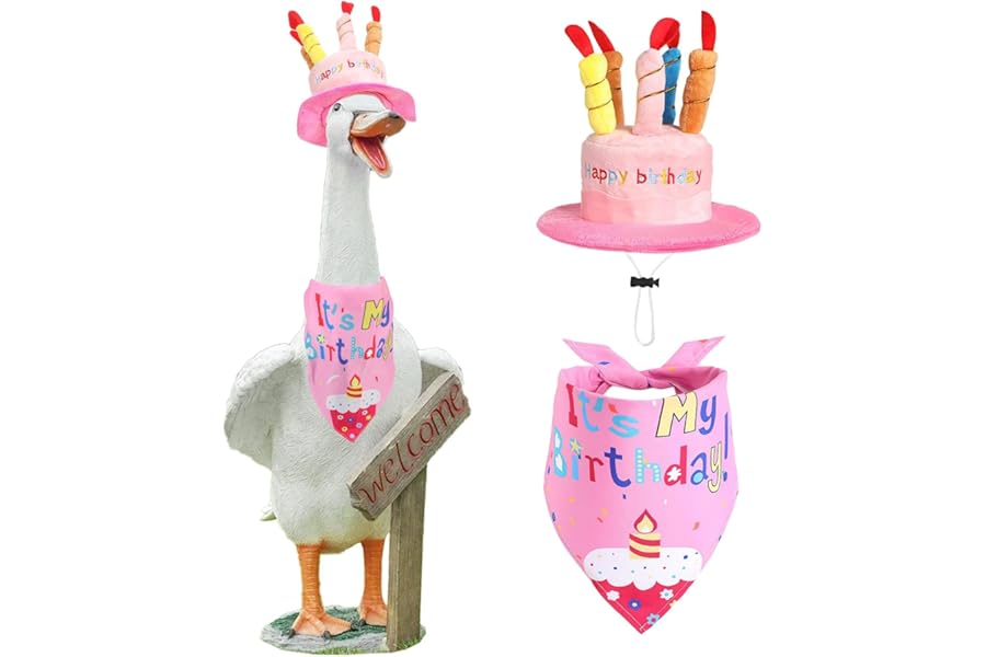 Pink Happy Birthday Porch Goose Outfits, Yard Goose Clothes with Hat & Bandana, Porch Duck Statue Outfits for Patio Outdoor 23" Cement Plastic Pet Decor (Pink)