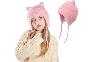 AYPOW Adorables Oreille de Chat Chaud Tricot Bonnet Enfants 3-12 Ans, Hiver Thermique Coupe-Vent Doux pour La Peau Confortable Earflap Chapeau, Élastique Cache-Oreilles Casquette pour Fille Garçon
