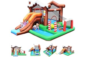 GOPLUS Château Gonflable en Forme de Bûche de Noel avec Toboggan, Zone de Saut, Kit de Réparation, Aire de Jeu Gonflable Intérieur avec Sac de Rangement pour 2 Enfants(Souffleur Non-Inclus)