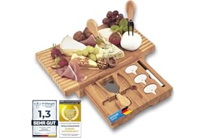 Dimono® plateau de fromages de luxe avec 3 couteaux à fromage; Ensemble de planche à découper à fromage en bois de bambou avec des couverts à fromage pour servir, déguster et vivre