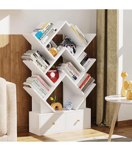 Étagère En Forme D'arbre - 7 Niveaux + Tiroir | Bibliothèque Bois Marron Rustique | Meuble Salon, Chambre