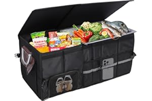 WODHMIEY Foldable Car Trunk Organizer, Oxford Cloth Multi Compartment Car Storage, Reflective Strip, Shoe Storage, Water Proof Bag, 92L