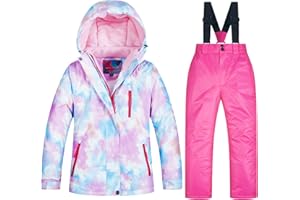 LSHDCER Mädchen Skianzug Winddichter Wasserdichter Schneeanzug Jungen 2 Teilig Winter-Skijacke mit Kapuze + Skihose Skianzüge Kinder