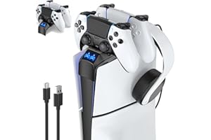 Tokluck PS5 Controller Charger for 2023 PS5 Slim Digital & Disc, PS5 Charging Station with Headset Holder, Fast Charging Dock for Playstation 5 Slim Console, PS5 Slim Accessories