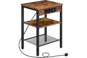 HOOBRO Side Table with Charging Station, Narrow Bedside Table with 2 Sockets and 2 USB Ports, 3-Tier Nightstand with Adjustable Shelf, Slim Sofa Tables End Tables, Rustic Brown and Black EBF112KBZ01