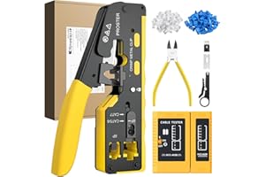 Proster Kit de Crimpadora RJ45 con Comprobador de Cables Pelacables Herramienta de Crimpado para 8P RJ45 Cat6 Cat5 Cat5e con 50PCS Conectores Pasantes y Fundas para Mantenimiento y Reparación de Red