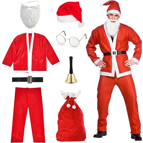 Déguisement Père Noël Enfant – Costume Garçon 7-9 Ans – Veste, Pantalon, Chapeau, Ceinture Et Barbe – Idéal Pour Les Fêtes De Noël