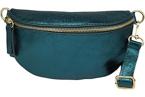 THEWAN. TheWan Demi Lune Petit Sac Banane Sac Poitrine Italien Cuir Italien Femme, Sac Demi Lune Porté Ceinture et de Travers Cuir Vachette,Dimensions: H12 x L 22 x P 5 cm (Canard Irisé)