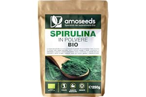 AMOSEEDS Spirulina in polvere BIO 250G | Naturale e Pura | Ricca di proteine e ferro | Energia, Sport, Immunità | Senza OGM, senza Conservanti | Qualità Superiore