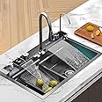 SeBURRY® Luxurious 30x18x9 Inch Anti Scratch Honeycomb Design Kitchen Sink | 5-Piano Switch with Waterfall and Pull-Down Faucet | 304 Grade Steel Sink with LED Digital Display & RO Tap