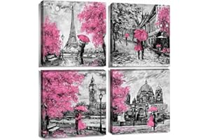 AREBOLO Pink Room Decor Paris Canvas Wall Art Black and White Pictures Wall Decor Pink Tree Landscape Paintings Blossoms Framed Prints Poster Artwork for Living Room Bedroom Home Decorations(30x30 cm, 4Pcs)