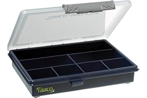 raaco Assorter 6-7: Sortierbox für Werkstatt, 7 feste Fächer für Kleinteile, Sichere Aufbewahrung durch Schiebeschloss, Tragbar, 14.3 x 17.5 x 3.2 cm, Leicht & Robust