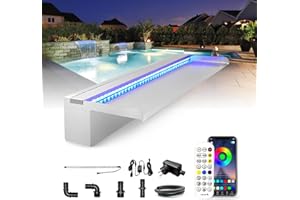 ‎LONGRUN LONGRUN Edelstahl Wasserfall Überlauf, APP Kontrolle Multi-Farben LED-Licht Draussen Pool Brunnen, Koi Teich Wasserfälle Brunnen Kit für Garten Terrasse Pool Dekoration-60x20x10cm