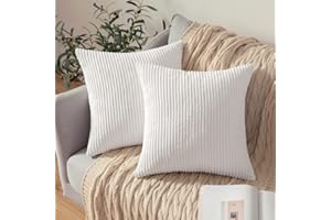 MIULEE Set of 2 Striped Corduroy Square Throw Pillow Case Soft Cushion Cover Sham Home for Sofa Chair Couch/Bedroom Decorative Fluffy Large Pillowcases 16x16 Inch 40x40cm Pure White