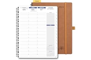 POPRUN Agenda 2024 Semainier Spirale A4 en Français - Intervalles de 15 minutes, Onglets Mensuels, Papier 100 g/m², Couverture Souple, Boîte Cadeau - Grand Format 28,5x22,2 cm, Marron