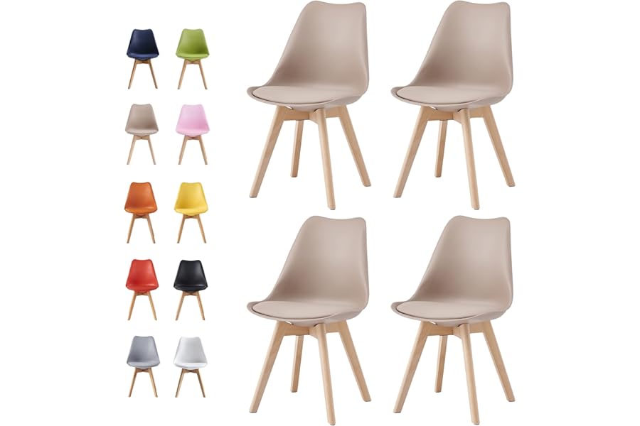 mcc direct Set of 4 Dining Chairs Wooden Legs Soft Cushion Pad Stylish DELUXE Retro Lounge Dining Office EVA (Brown)